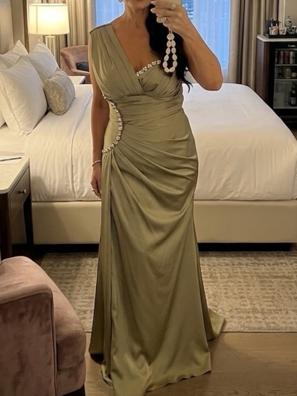 Aurelia Olive One-Shoulder Evening Gown with Crystal Accents size large